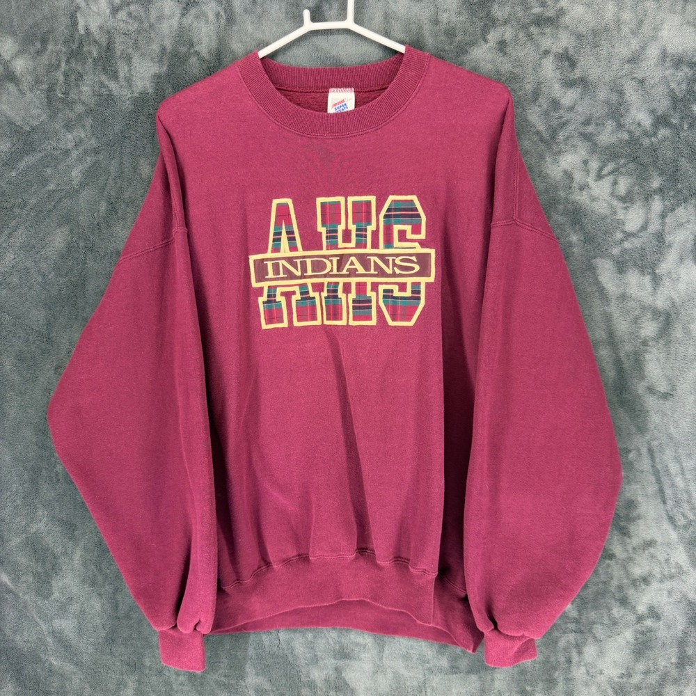 Vintage Jerzees Super Sweats AHS Indians Maroon Plaid Graphic Sweatshirt 2XL USA